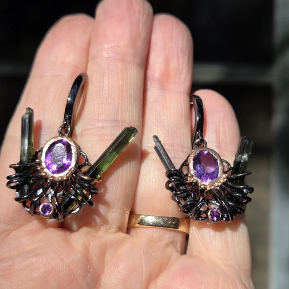 Amethyst & Tourmaline sterling rhodium & gold modern deco earrings - Picture 7 of 12
